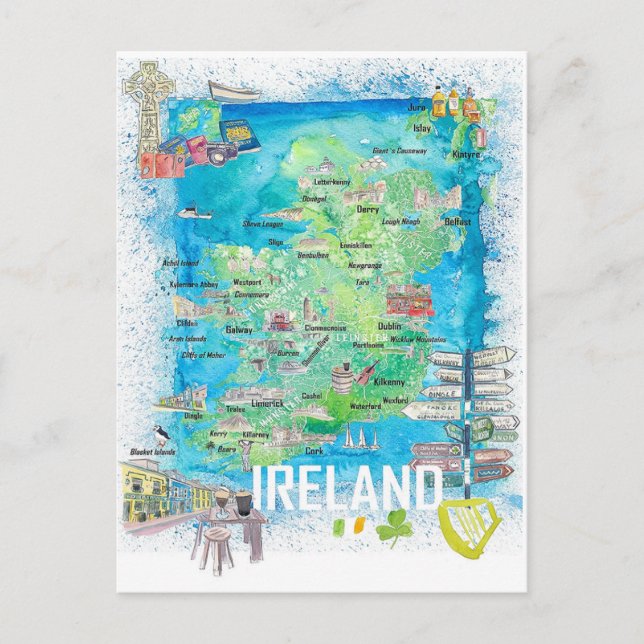 Ireland Illustrated Travel Map  Postcard (Front)