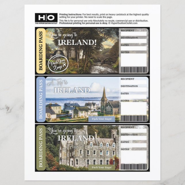 Ireland Mock Ticket for Travel and Events (Front)