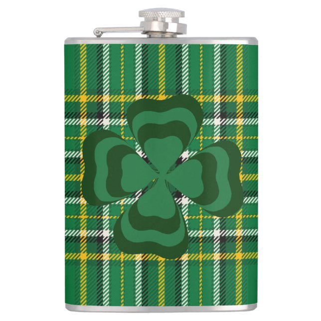 Ireland National Tartan, Shamrock, Add a name Hip Flask (Front)