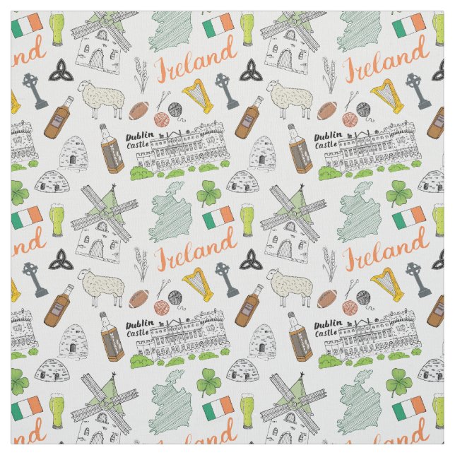 Ireland Sketch Doodle Pattern Fabric (Swatch)