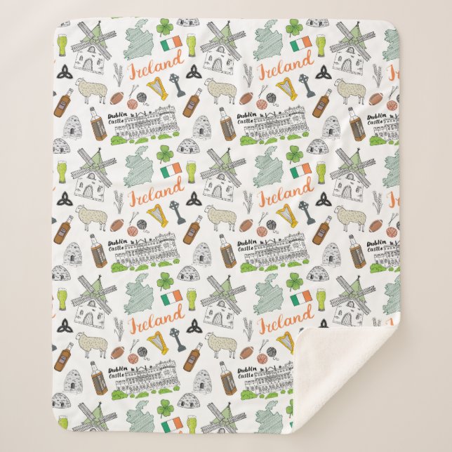 Ireland Sketch Doodle Pattern Sherpa Blanket (Front)