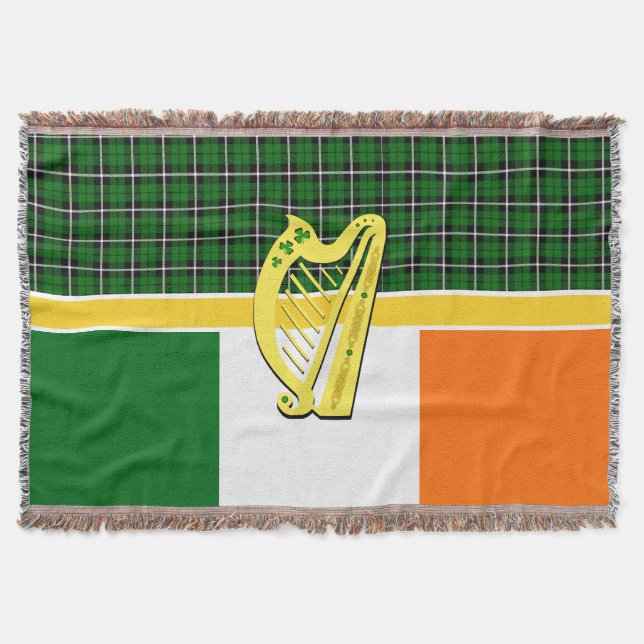 Ireland Tartan, flag, celtic, Irish harp, shamrock Throw Blanket (Front)