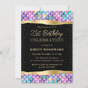 Iridescent and Gold Mermaid Scales 21st Birthday Invitation
