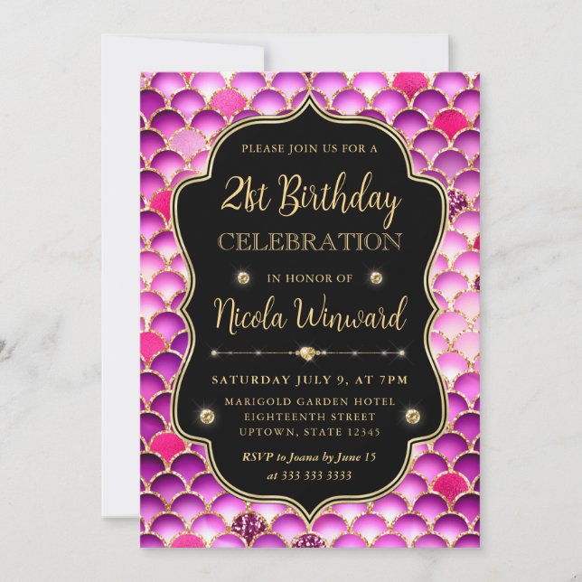 Iridescent and Gold Mermaid Scales Frame Birthday Invitation (Front)