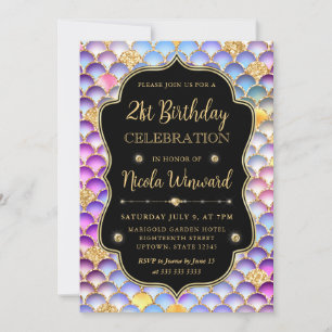 Iridescent and Gold Mermaid Scales Frame Birthday Invitation