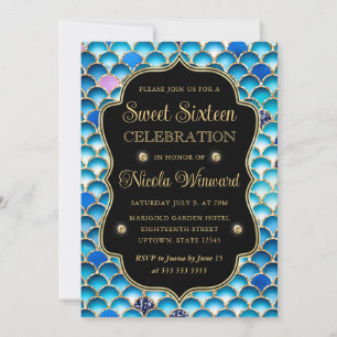 Iridescent and Gold Mermaid Scales Frame Sweet 16 Invitation