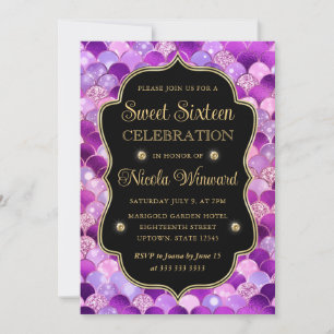 Iridescent and Gold Mermaid Scales Frame Sweet 16 Invitation