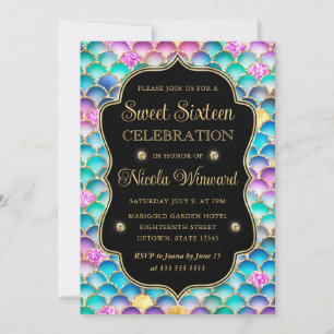 Iridescent and Gold Mermaid Scales Frame Sweet 16 Invitation