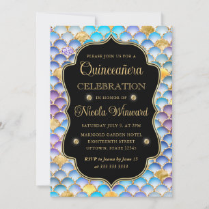 Iridescent and Gold Mermaid Scales Quinceanera Invitation