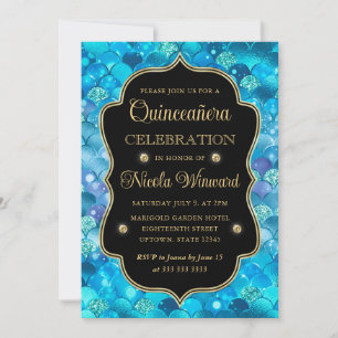 Iridescent and Gold Mermaid Scales Quinceanera Invitation