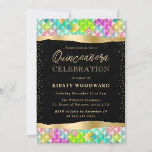 Iridescent and Gold Mermaid Scales Quinceanera Invitation