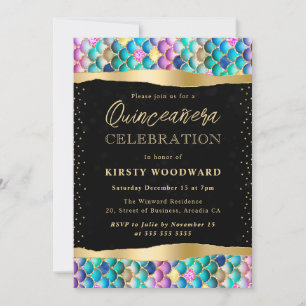 Iridescent and Gold Mermaid Scales Quinceanera Invitation