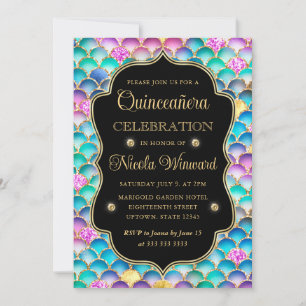 Iridescent and Gold Mermaid Scales Quinceanera Invitation