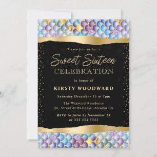 Iridescent and Gold Mermaid Scales Sweet 16 Invitation