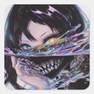 Iridescent Anime Horror: Liquid Smile Monster Square Sticker