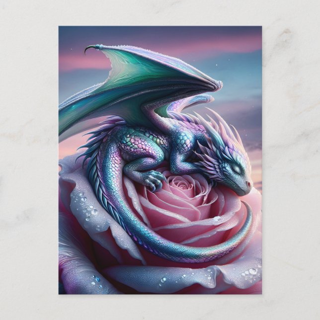 Iridescent Baby Dragon Asleep on Pink Rose Postcard (Front)