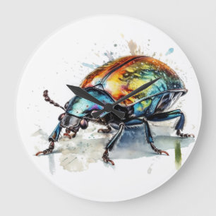 Iridescent Beetle in Watercolor Large Clock
