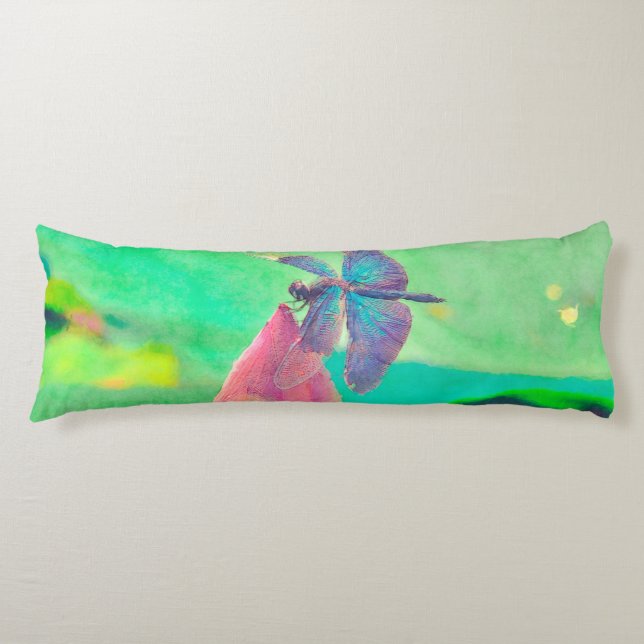 Iridescent Blue Dragonfly on Pink Waterlily Body Cushion (Front)