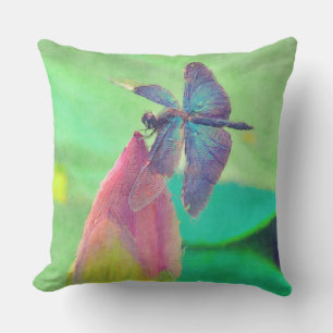 Iridescent Blue Dragonfly on Pink Waterlily Cushion