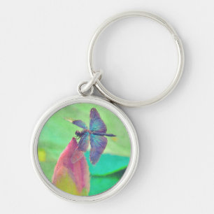 Iridescent Blue Dragonfly on Waterlily Key Ring