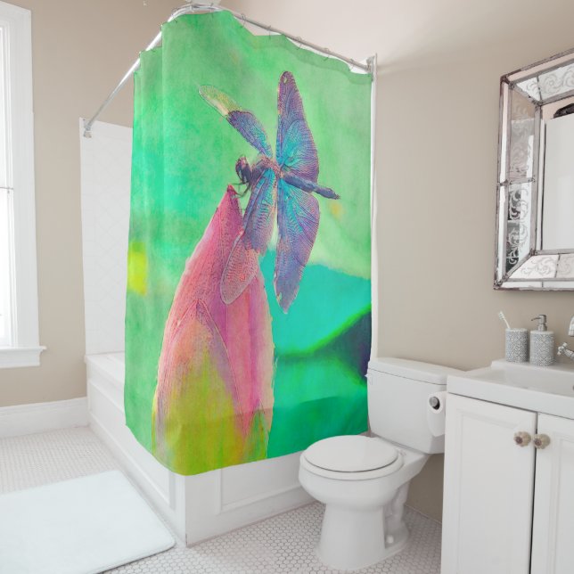 Iridescent Blue Dragonfly on Waterlily Shower Curtain (In Situ)