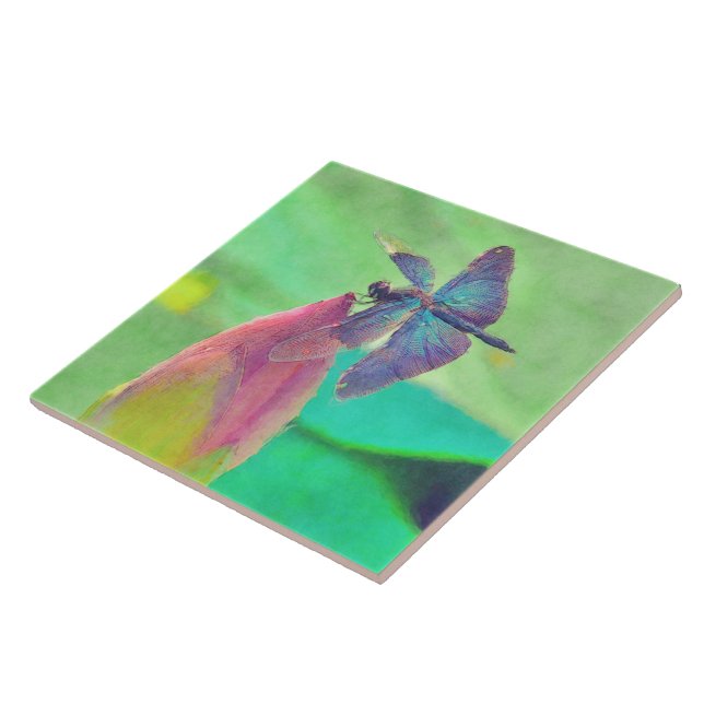 Iridescent Blue Dragonfly on Waterlily Tile (Side)