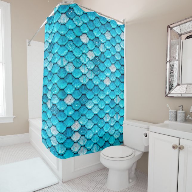 Iridescent Blue Glitter Shiny Mermaid Fish Scales Shower Curtain (In Situ)