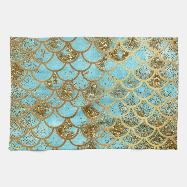 Iridescent Blue Gold Glitter Mermaid Fish Scales Tea Towel (Horizontal)
