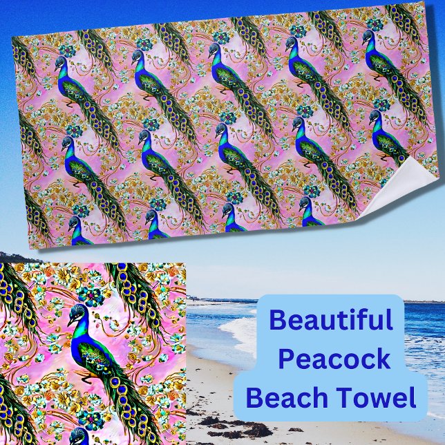  Iridescent Blue Green Peacock, Gold on Pink  Beach Towel (Creator Uploaded)