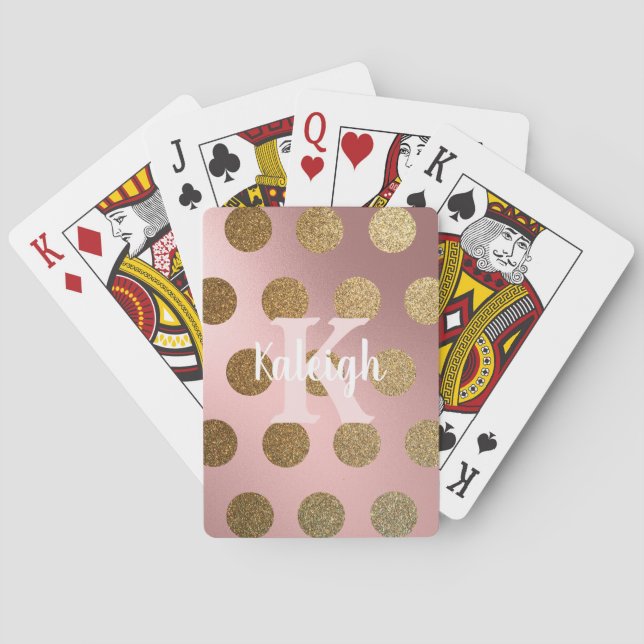 Iridescent Blush Pink Gold Polka Dots Monogram Playing Cards (Back)