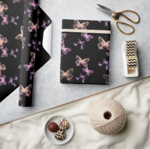 Iridescent Butterflies On Black Wrapping Paper