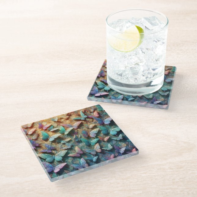 Iridescent Butterfly Garden Mousepad Glass Coaster (Angled)