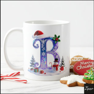 Iridescent Christmas Letter B with Snowman Coffee Mug
