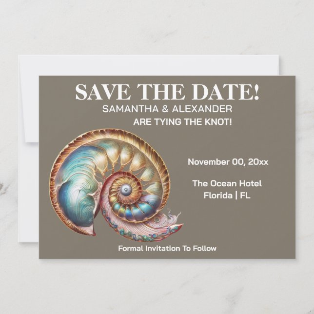 Iridescent Conch Shell Beach Wedding Announcement (Front)