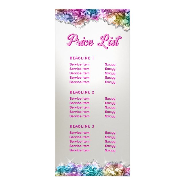 Iridescent crystals price list rack card (Front)