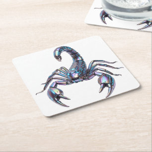 Iridescent Cyber Scorpion Mechanical Art Square Paper Coaster