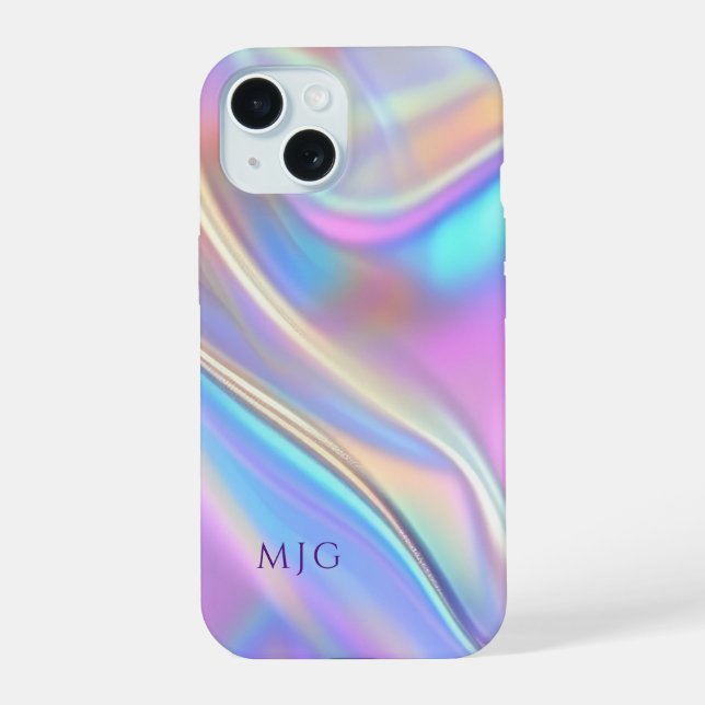 Iridescent Design, Classy Purple Text Monogram iPhone 15 Case (Back)