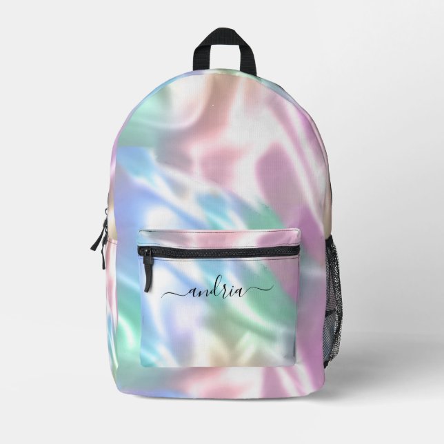 Iridescent Design, Personalise Black Script Name Printed Backpack (Front)