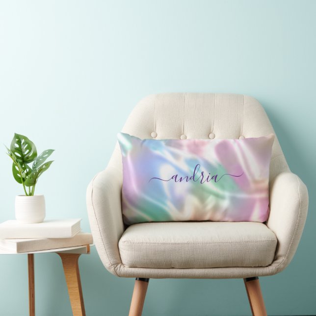 Iridescent Design, Personalise Purple Script Name Lumbar Cushion (Chair)