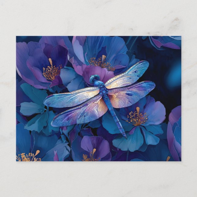 Iridescent Dragonfly Colorful Flowers Postcard (Front)