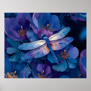 Iridescent Dragonfly Colorful Flowers Poster