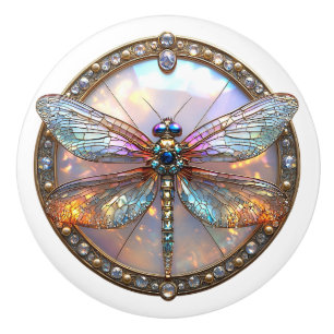 Iridescent Dragonfly Diamonds Sapphires   Ceramic Knob