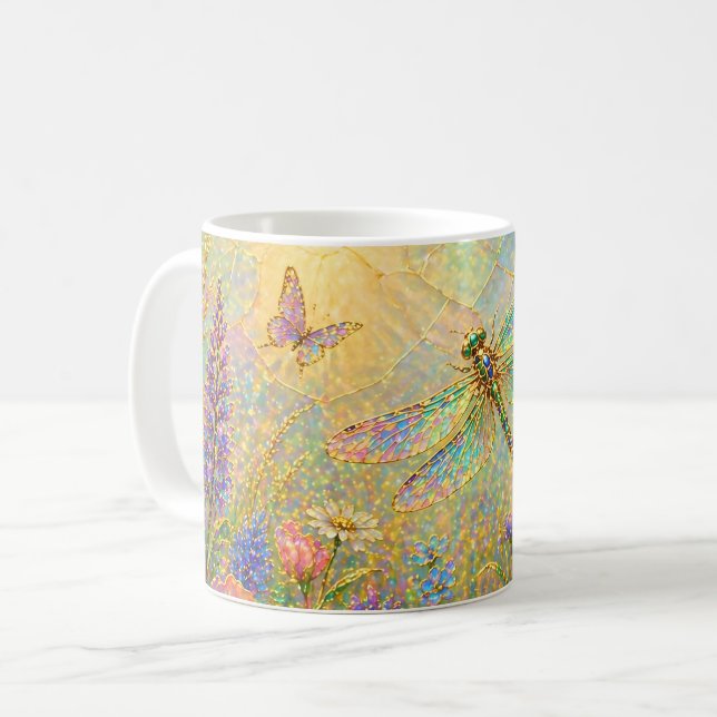 Iridescent Dragonfly Meadow with Butterfly Coffee Mug (Front Left)