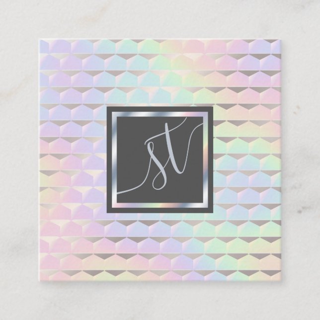 Iridescent Faux Holographic Pattern Monogram Square Business Card (Front)