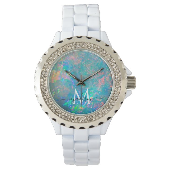 Iridescent Fire Opal Script Name Watch (Front)