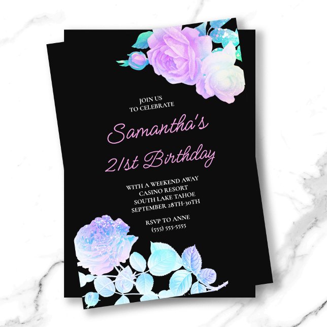 Iridescent Floral Black and Pink 21st Birthday Invitation (Iridescent Floral Black and Pink 21st Birthday Invitation)
