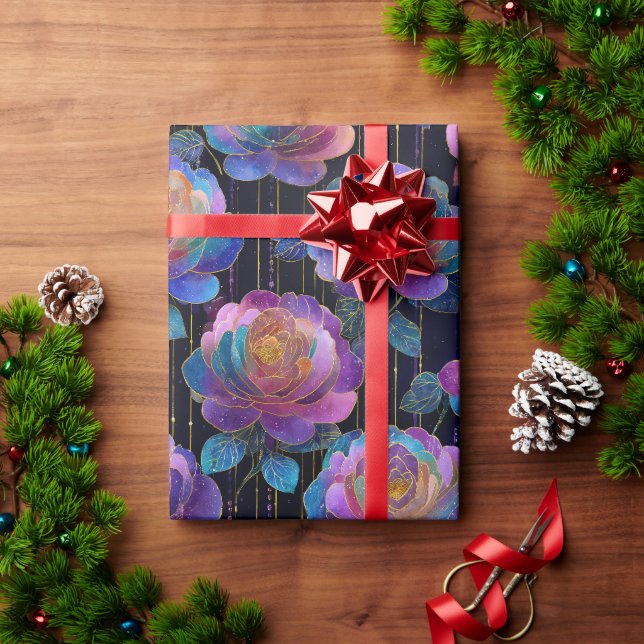 Iridescent Floral Wrapping with Red Ribbon Bow Paper (Holiday Gift)