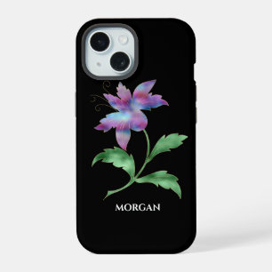 Iridescent Flower on Black, Name iPhone 15 Case