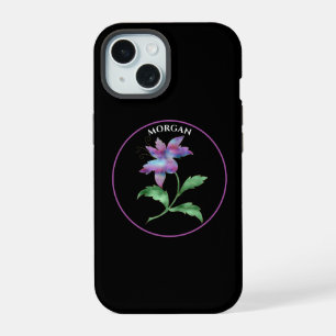 Iridescent Flower, Purple Circle on Black, Name iPhone 15 Case