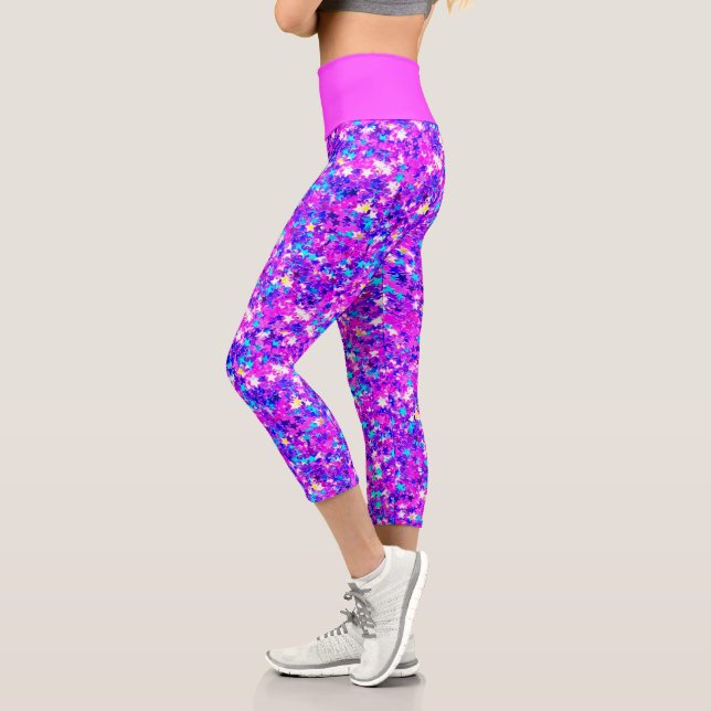 Iridescent Fuchsia Star Glitters Capri Leggings (Left)
